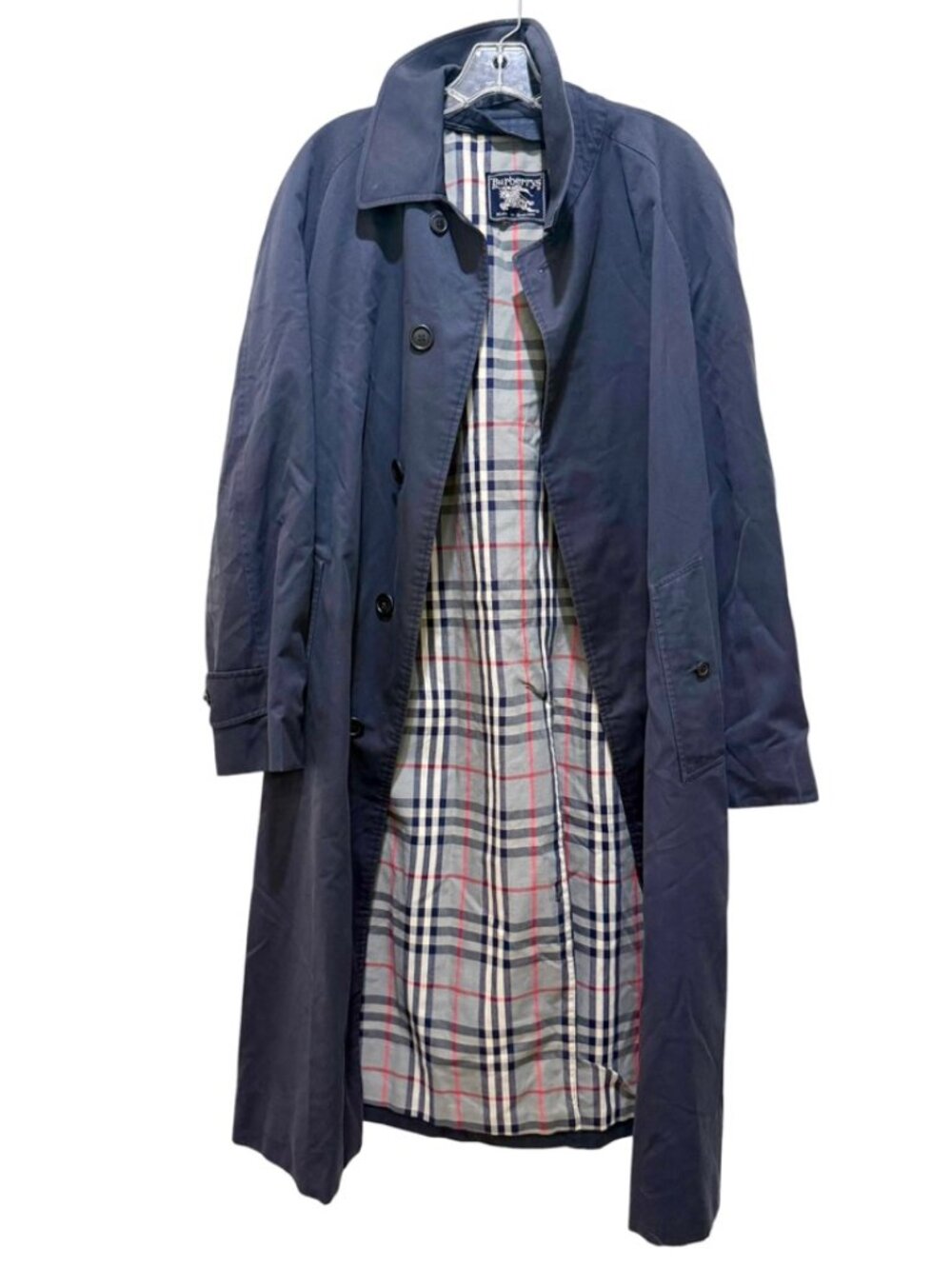 Vintage Burberry Navy Cotton Blend Prorsum Nova Check Trench Coat Sz XL